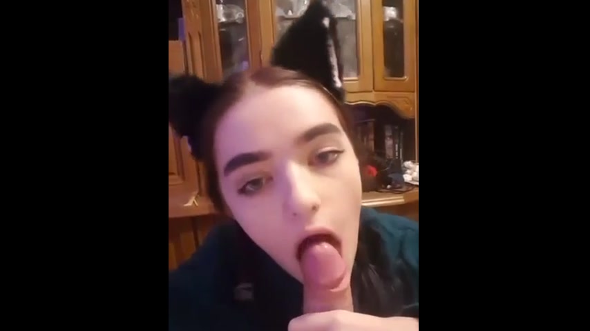18yo Alt Girl with Cat Ears Kneels and Deepthroats Thick Cock Till Cum Swallow
